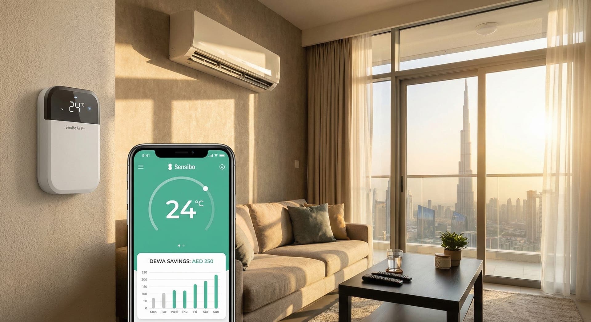 Smart AC controller and phone showing DEWA bill savings in Dubai apartment