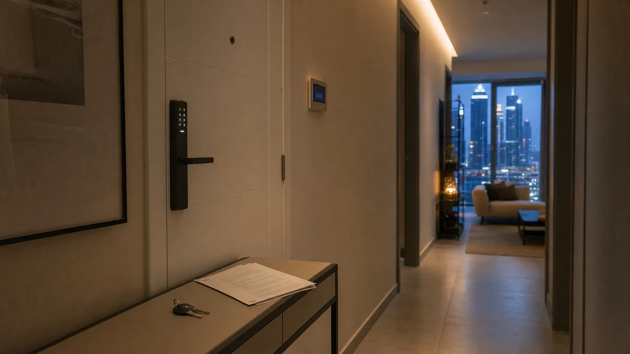 A Dubai apartment hallway at dusk seen from inside, the front door fitted with a black keypad smart lock, a set of keys and a stapled tenancy contract lying on the console table along the wall, a small smart AC controller further down the hallway, warm low cove lighting, and Business Bay towers in blue evening light through the living room window beyond