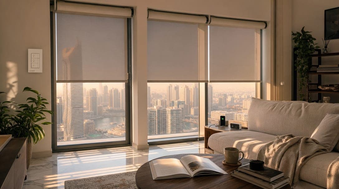 Dubai apartment living room at golden hour with motorized roller blinds half-lowered against a dust-haze skyline view