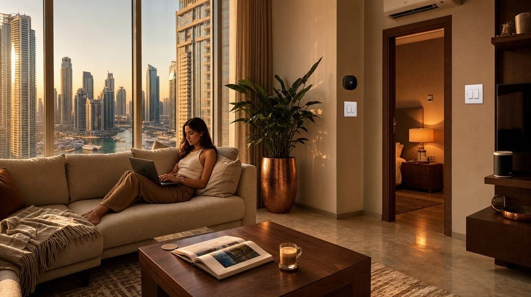 Dubai apartment living room at golden hour with marble floors, floor-to-ceiling windows showing the marina, an Ecobee thermostat on the wall, a Sonos speaker on the shelf, and a family relaxing on the sofa