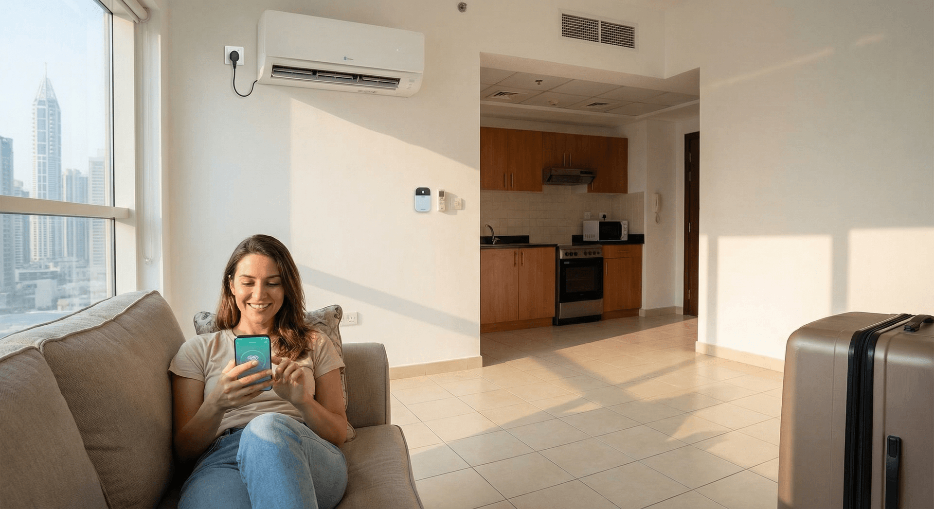 Renter-friendly smart AC controller installed without wiring in Dubai apartment