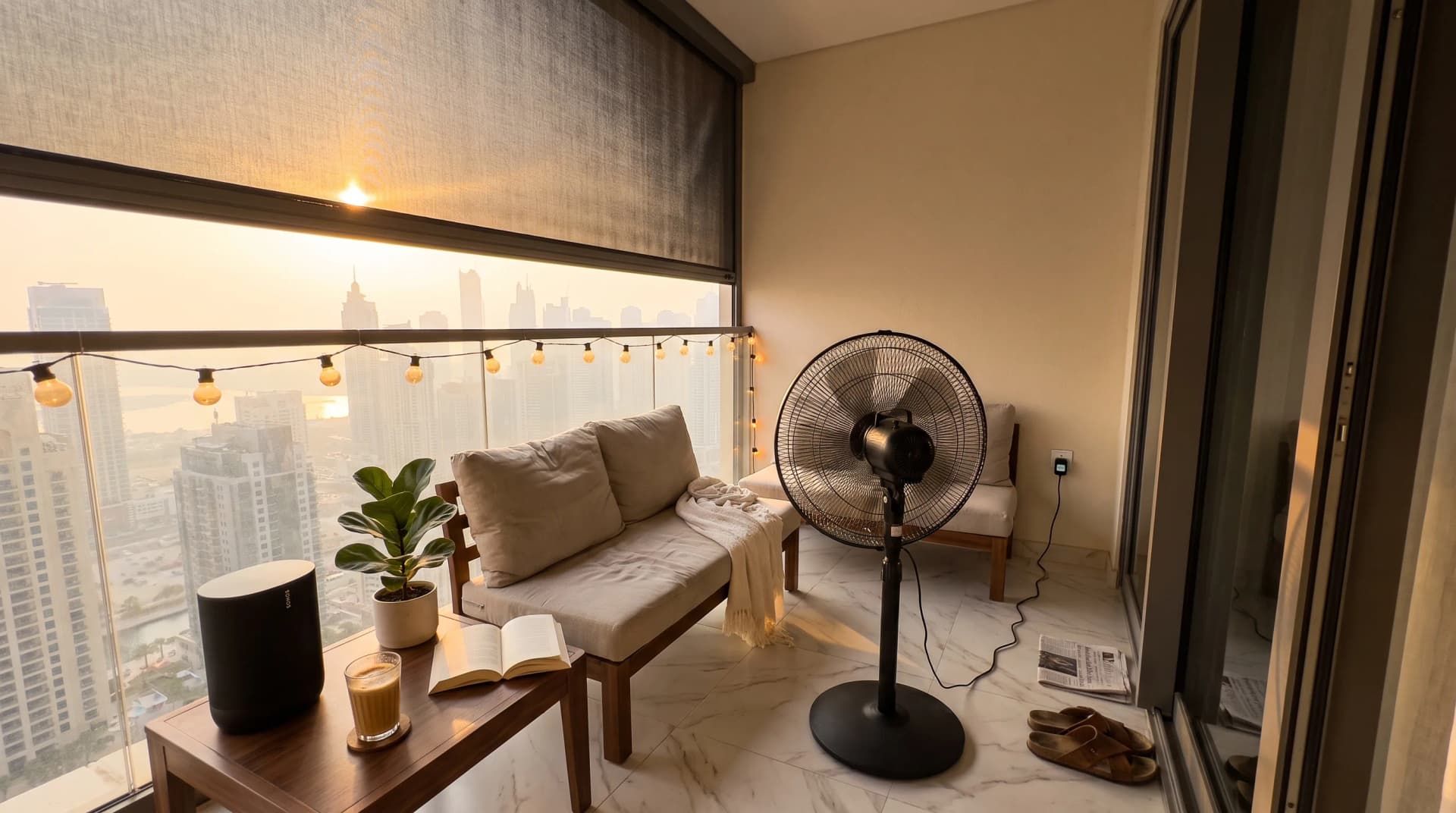 A shaded Dubai apartment balcony at golden hour with a motorized zip-screen half-drawn against the Marina skyline, a high-velocity outdoor fan, warm Philips Hue Festavia string lights along the railing, a Sonos Move 2 speaker on a low table with karak chai and an open book, a beige outdoor sofa with a linen cushion, potted plants, and a Shelly outdoor smart plug by the wall, no people in the scene.