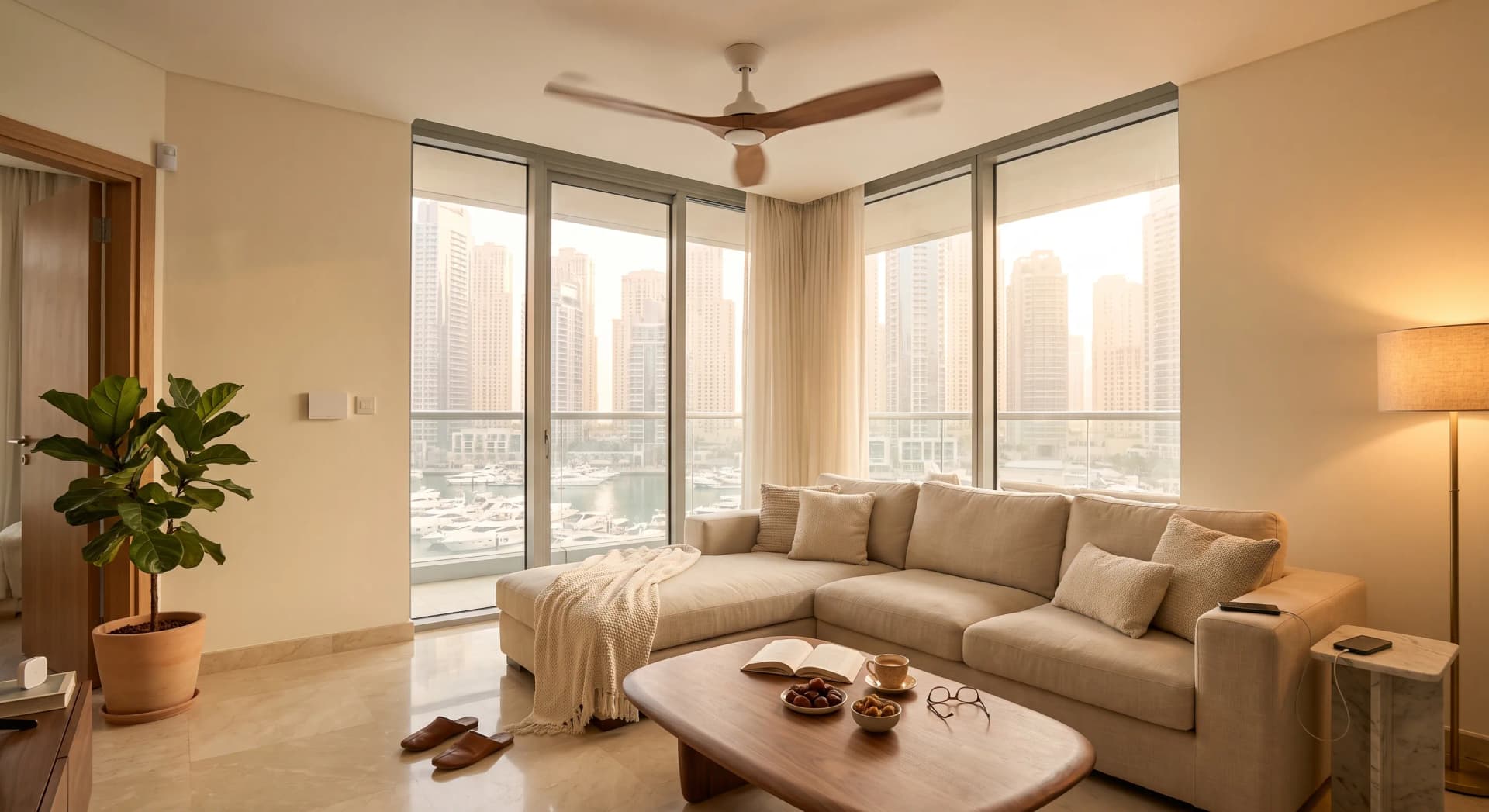 Lived-in Dubai apartment living room at golden hour with a modern DC-motor ceiling fan turning above a linen sofa, a smart AC controller on the wall, an Aqara sensor by the door, and Marina towers through floor-to-ceiling windows