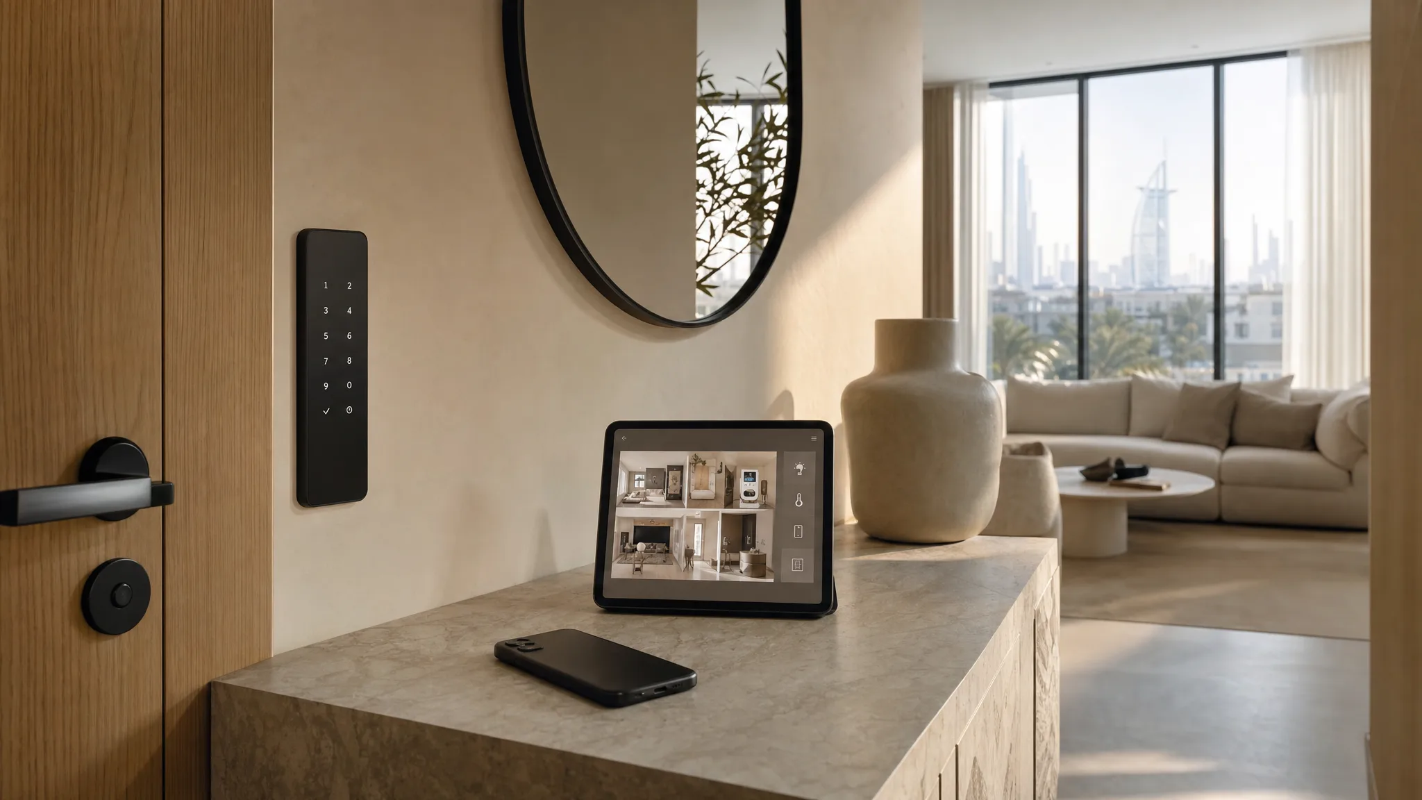 A quiet Dubai apartment entrance hall in late afternoon light, with a smart lock keypad beside the front door, a phone face-down on the console table, and a tablet showing a room-by-room home dashboard
