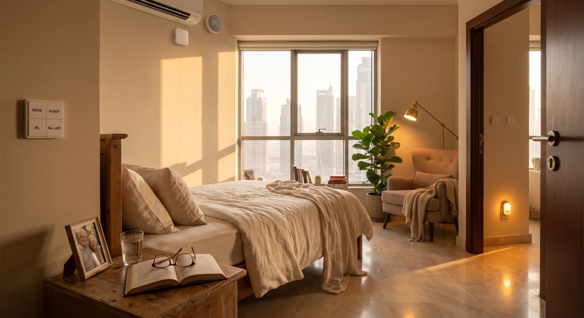 A lived-in Dubai apartment bedroom at golden hour set up for an older parent, with an Aqara smart AC controller and a four-button wall keypad by the bed, a warm motion night light low on the wall by the door, a reading lamp, a book and glasses on the nightstand, and a temperature sensor showing 25 degrees, Business Bay towers through the window