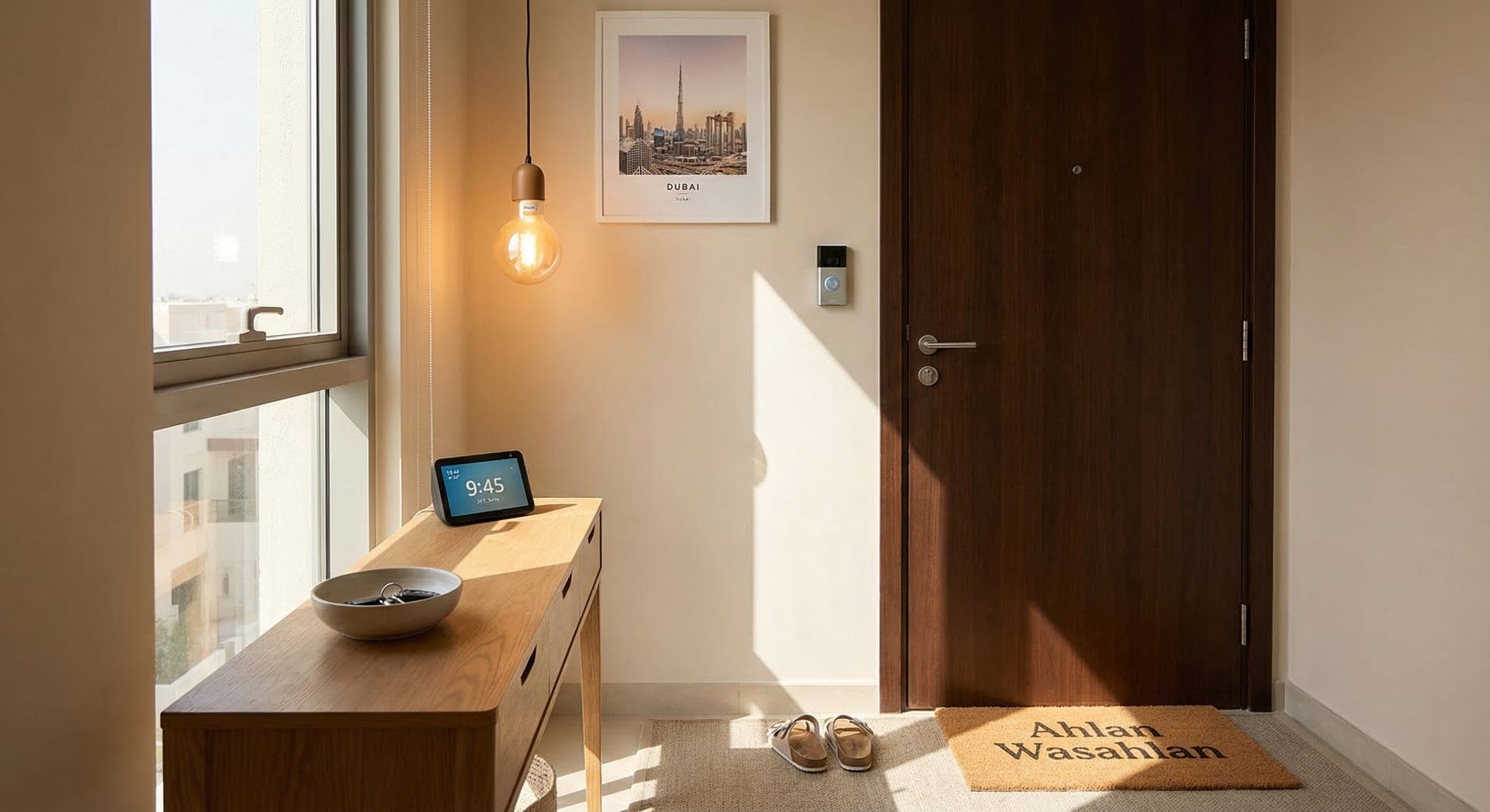 Beginner-friendly smart home devices in a welcoming Dubai apartment entryway