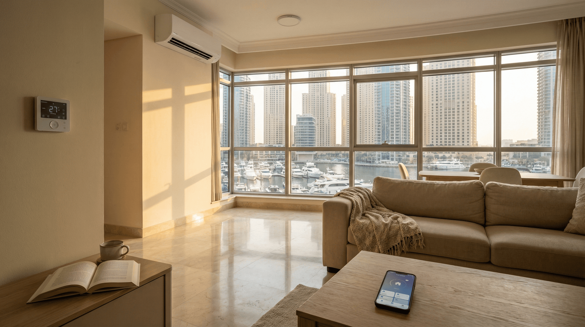 A modern Dubai apartment living room with warm golden hour lighting, a small smart AC controller on the wall, and floor-to-ceiling windows showing the marina skyline