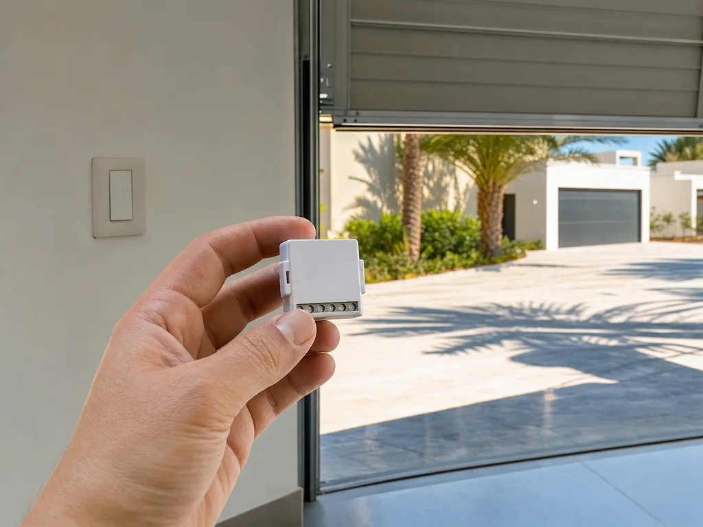 A small smart relay module held in a hand in front of an open garage in a Dubai villa, bright afternoon sun on the driveway outside and a cool, shaded interior wall with a light switch behind