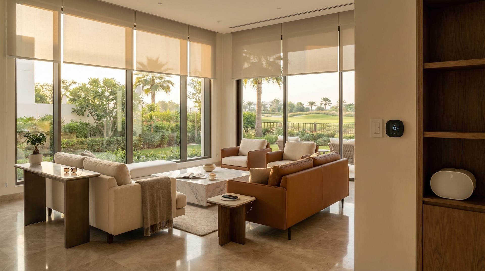 Spacious Dubai Hills villa living room with floor-to-ceiling windows, smart home devices, and warm golden hour lighting
