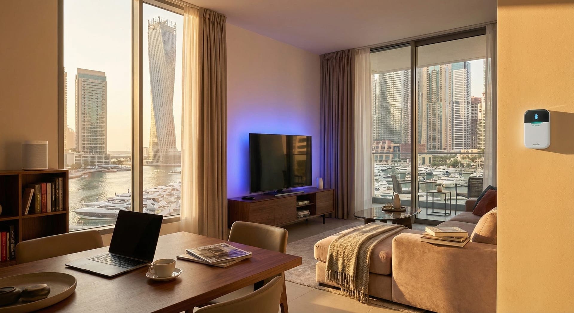 Smart home devices in a Dubai Marina apartment with marina views