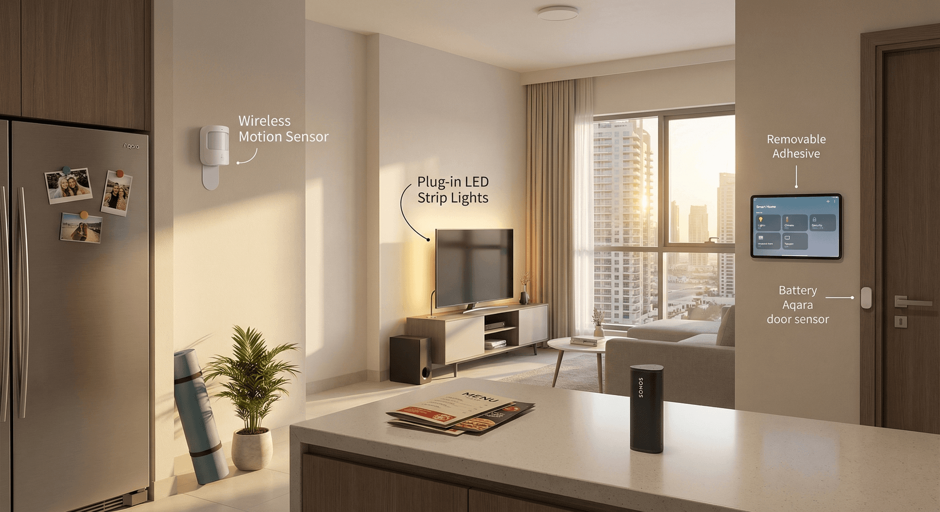 Multiple renter-friendly smart home devices in a Dubai apartment