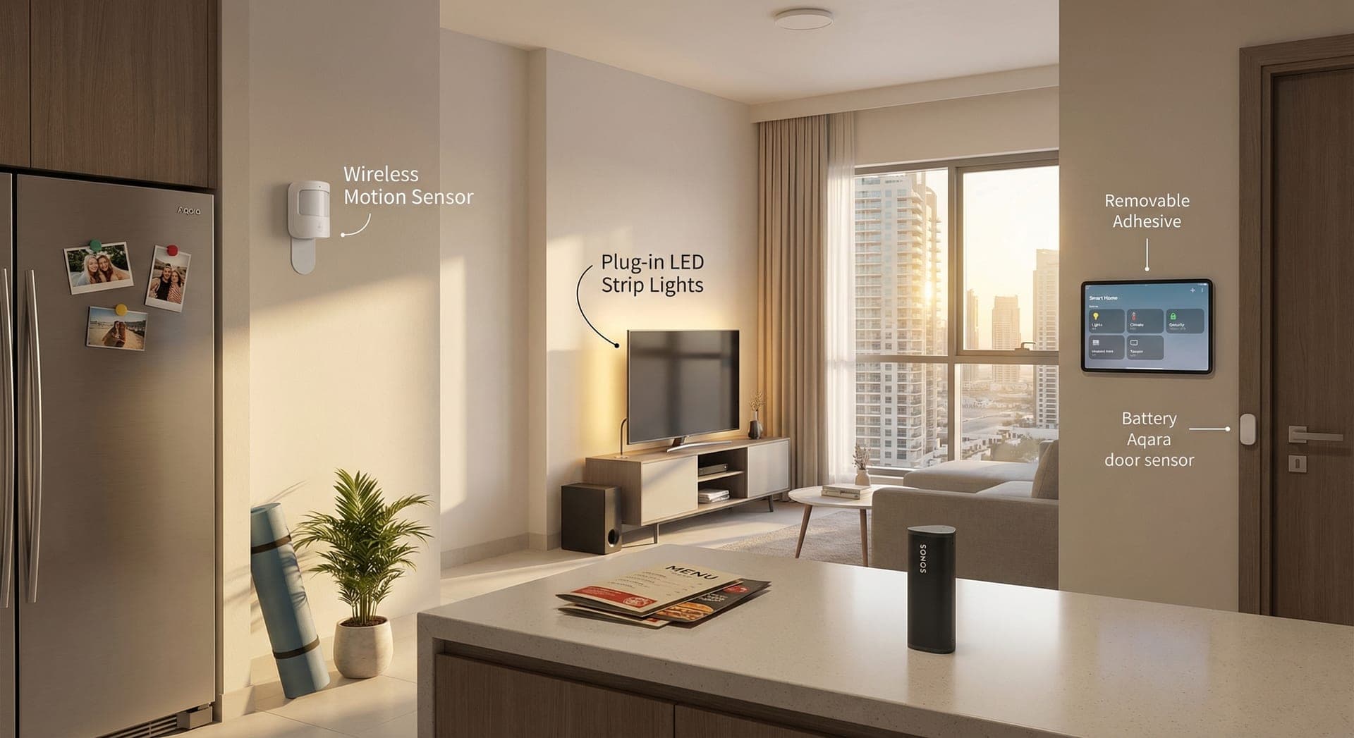 Multiple renter-friendly smart home devices in a Dubai apartment