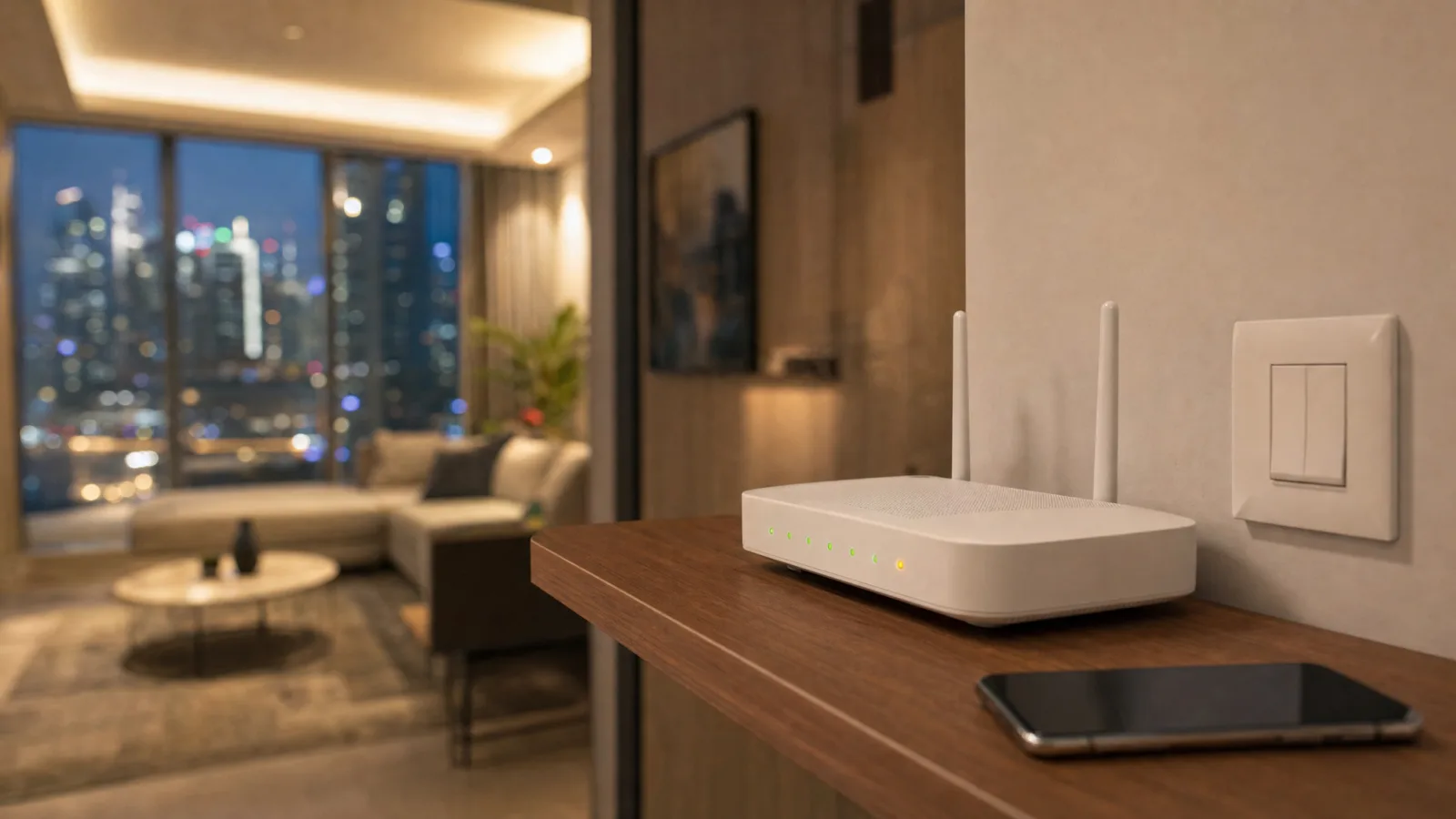 A white Wi-Fi router on a wooden shelf in a Dubai apartment at night, its status lights green except one amber, next to a wall light switch, with lit towers through the window behind