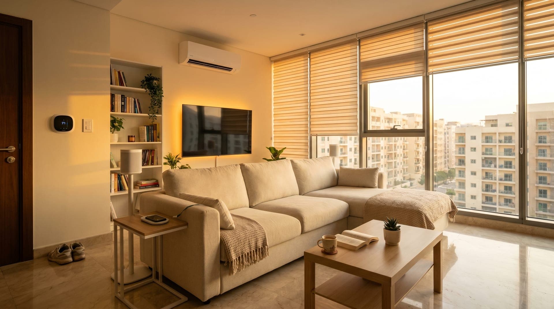 Modern JVC apartment living room at golden hour with smart AC controller on the wall, motorized blinds half-closed, a book and coffee on the table, view of low-rise JVC buildings through floor-to-ceiling window