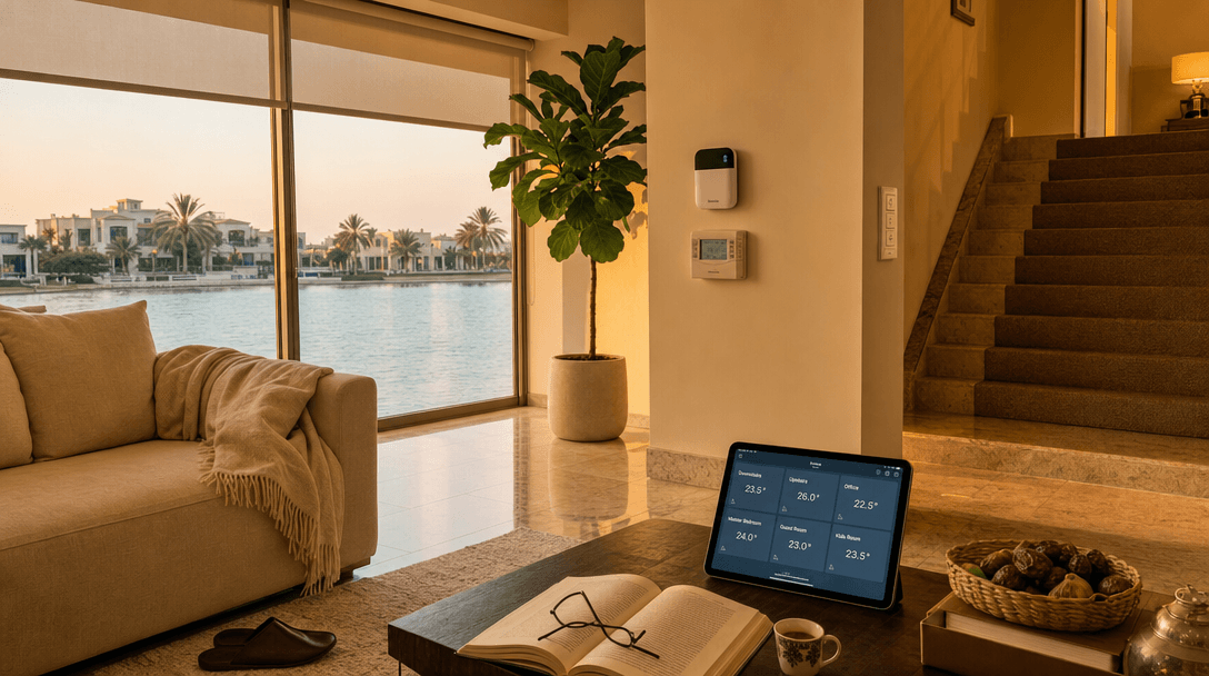 A lived-in Hattan duplex villa in The Lakes Dubai at golden hour with floor-to-ceiling lakefront windows showing a view of the community lake, marble floors, beige linen sofa with a throw blanket, a Sensibo Sky controller mounted on the wall near the original 2006-era thermostat, an iPad on the coffee table showing room-by-room temperatures, a half-finished cup of Arabic coffee, and a wide staircase leading to a visibly warmer upper floor