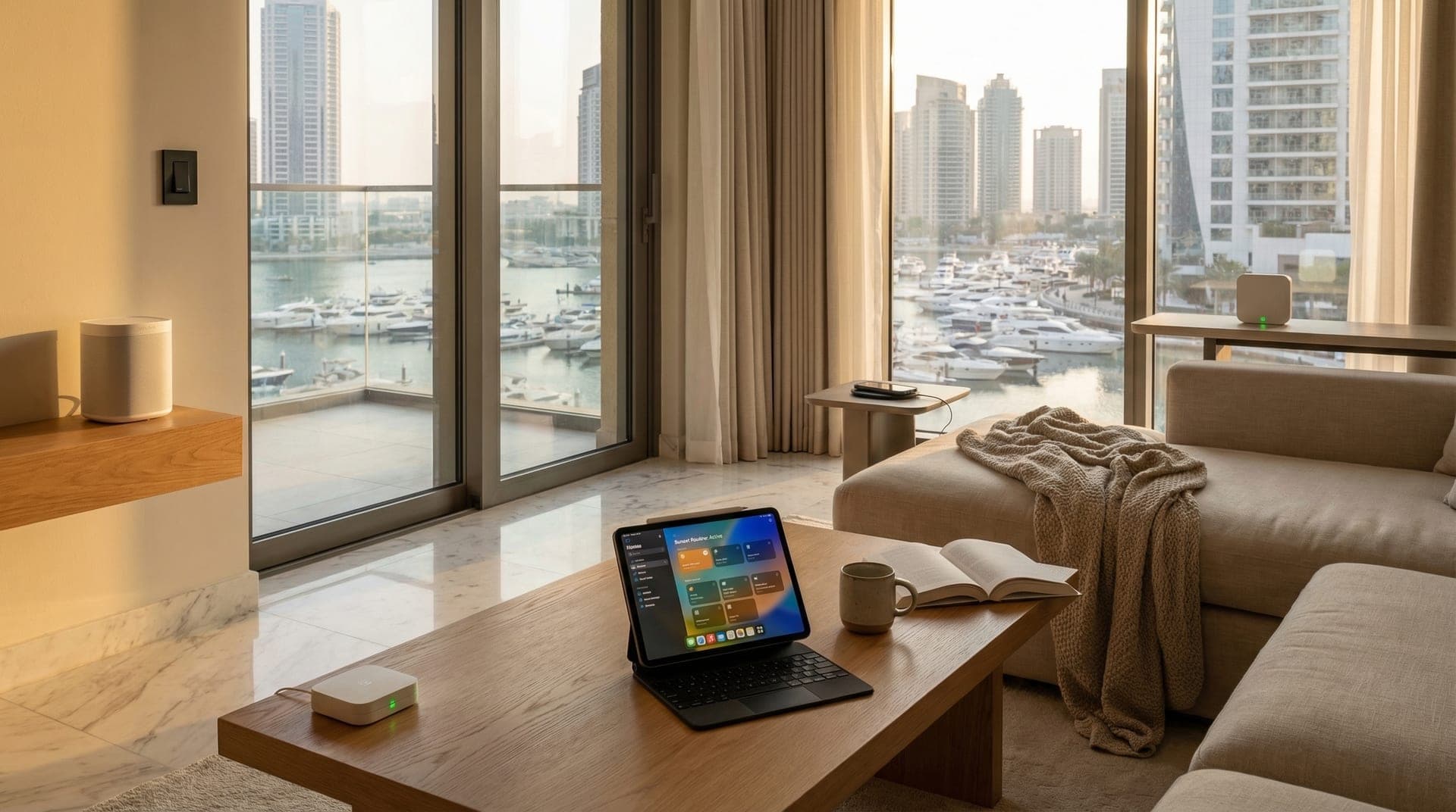 A warm, lived-in Dubai apartment living room with smart home devices naturally integrated into the decor, floor-to-ceiling windows showing marina views