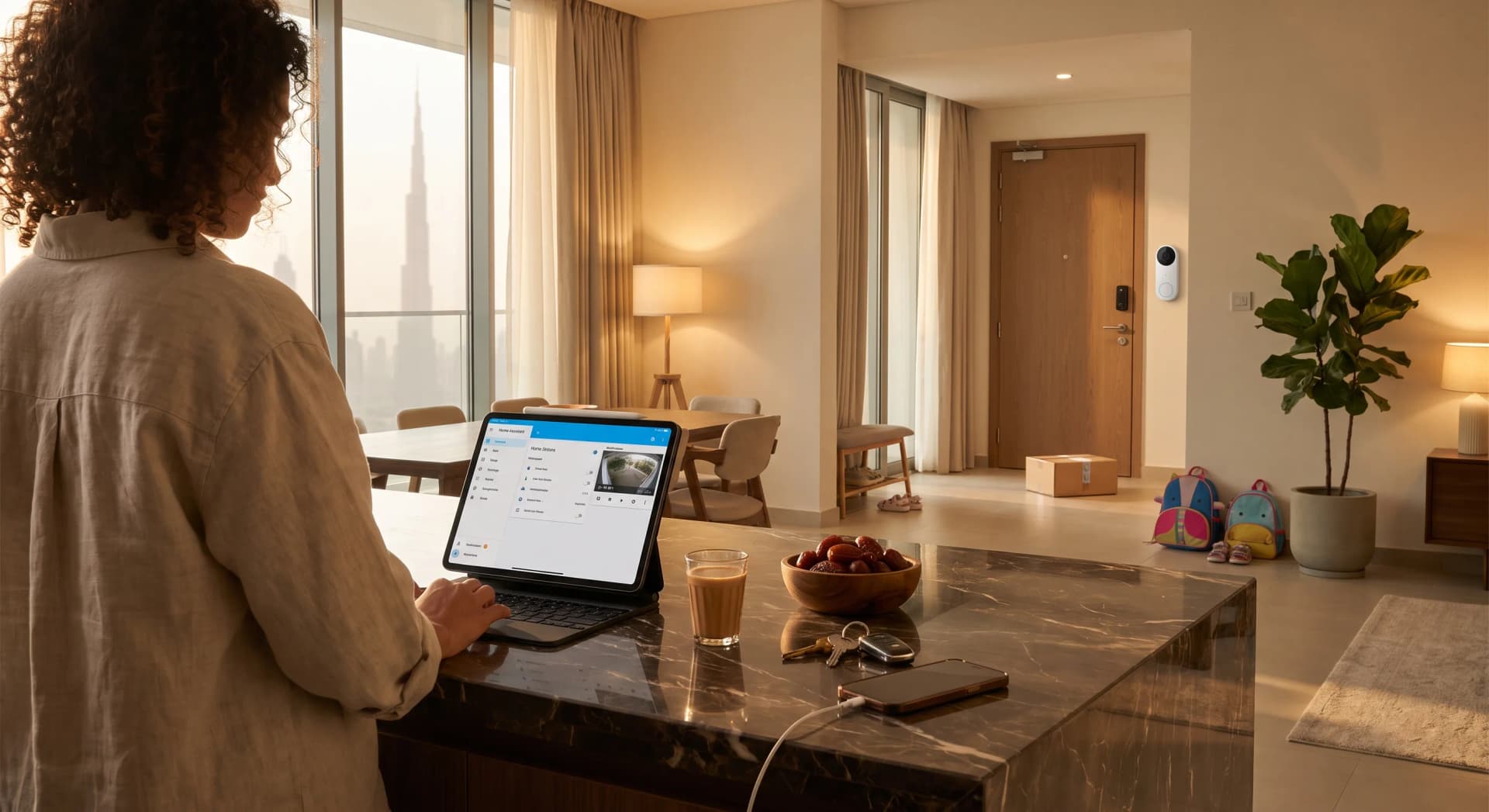 A lived-in Business Bay apartment entrance and open-plan kitchen at golden hour, a mother at the marble kitchen island glancing at an iPad showing a Home Assistant security dashboard with the front-door camera view, an Aqara video doorbell visible by the apartment door, a smart lock on the door, two children's schoolbags and sandals by the entrance, a delivery parcel just inside the door, a glass of karak chai and a bowl of dates on the island, a fiddle-leaf fig plant, leather slippers on the floor, warm 2700K lighting, the Dubai skyline through floor-to-ceiling windows with a motorized blind half-drawn, no faces shown