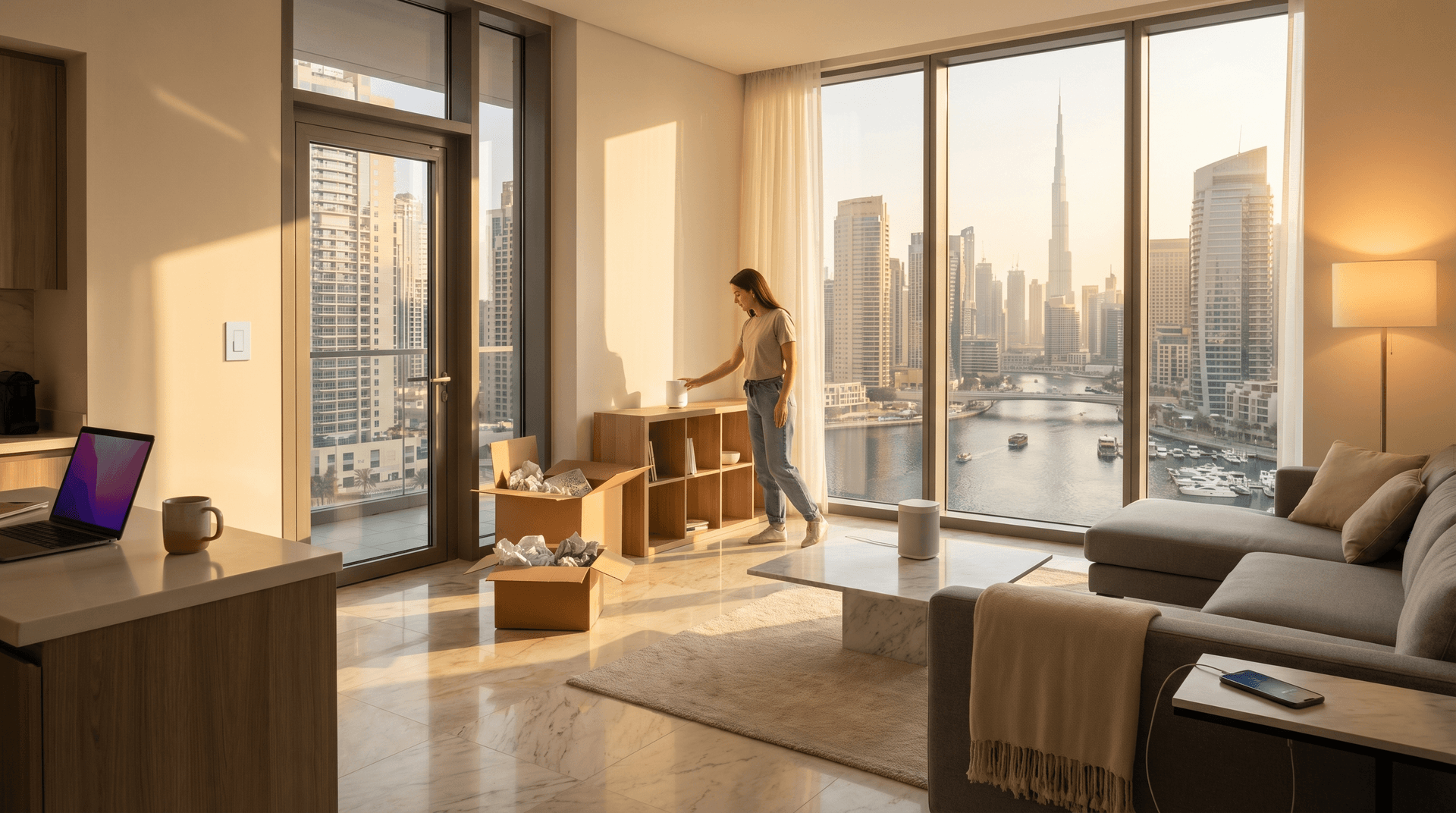 Newly furnished Dubai apartment with floor-to-ceiling windows showing marina views, smart home devices including a Sonos speaker and Lutron dimmer visible in a modern living room