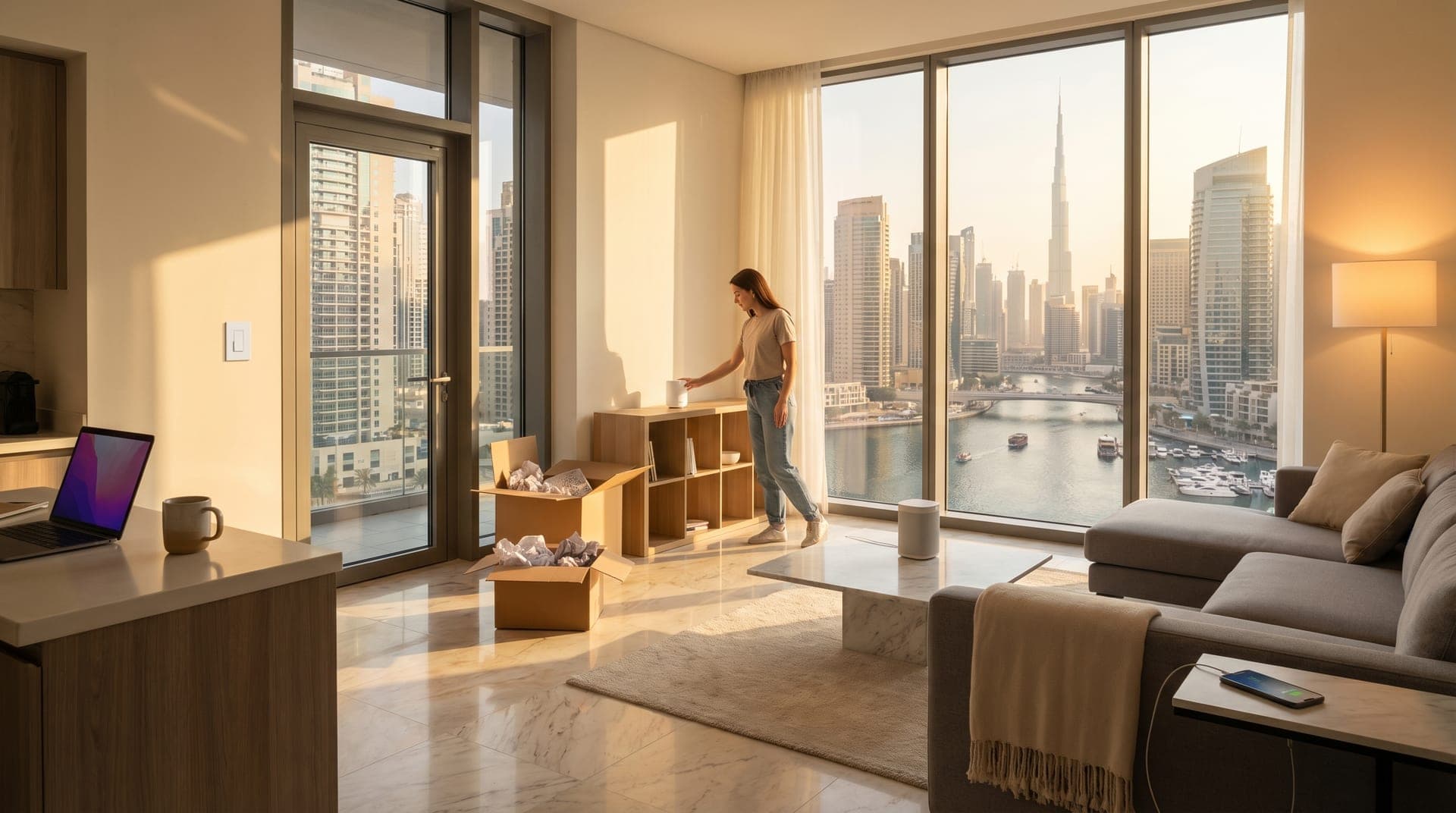 Newly furnished Dubai apartment with floor-to-ceiling windows showing marina views, smart home devices including a Sonos speaker and Lutron dimmer visible in a modern living room