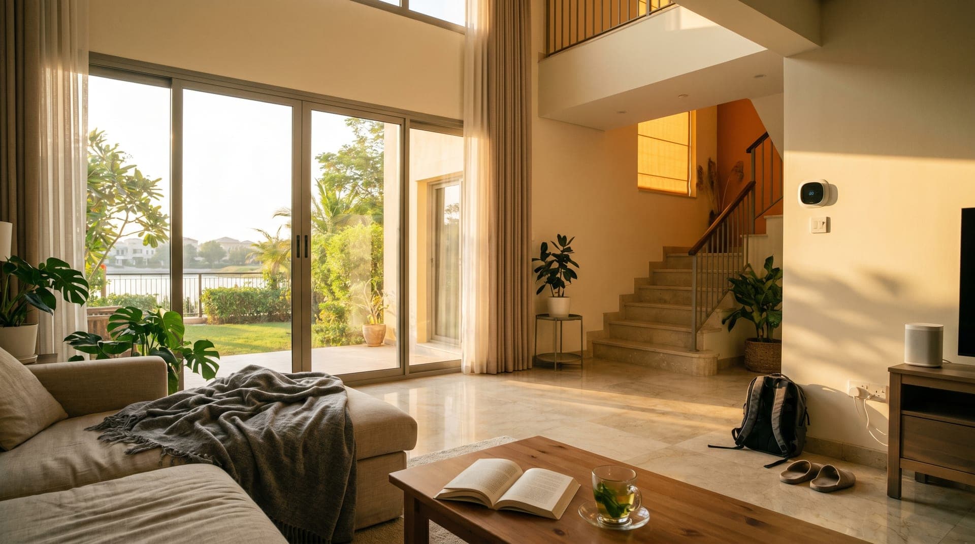 Two-story Springs villa living room at golden hour with marble floors, beige linen sofa, an Ecobee smart thermostat near the staircase, a Sonos speaker on the side table, and a staircase leading to a visibly warmer second floor