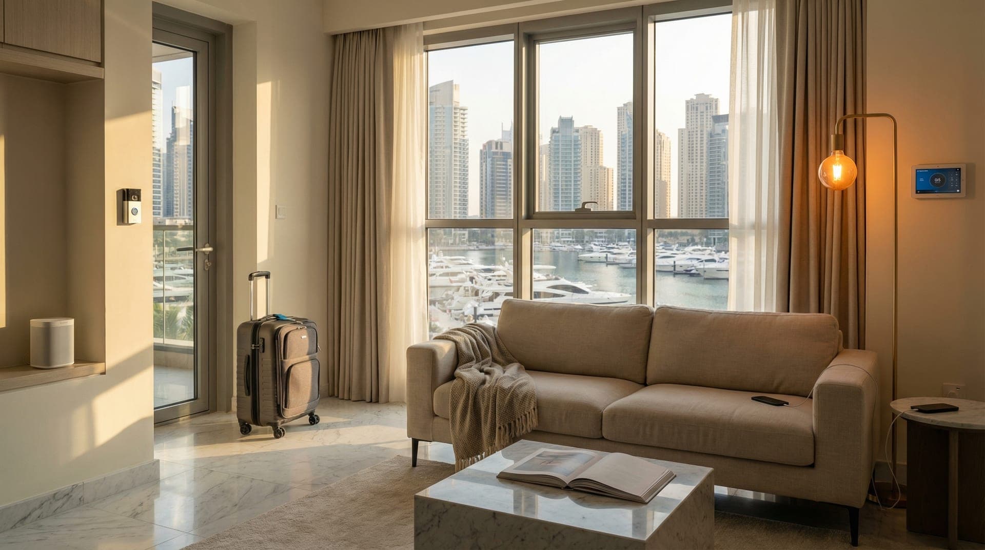 A sunlit Dubai apartment living room with floor-to-ceiling windows showing a marina view, smart devices on standby, suitcase by the door