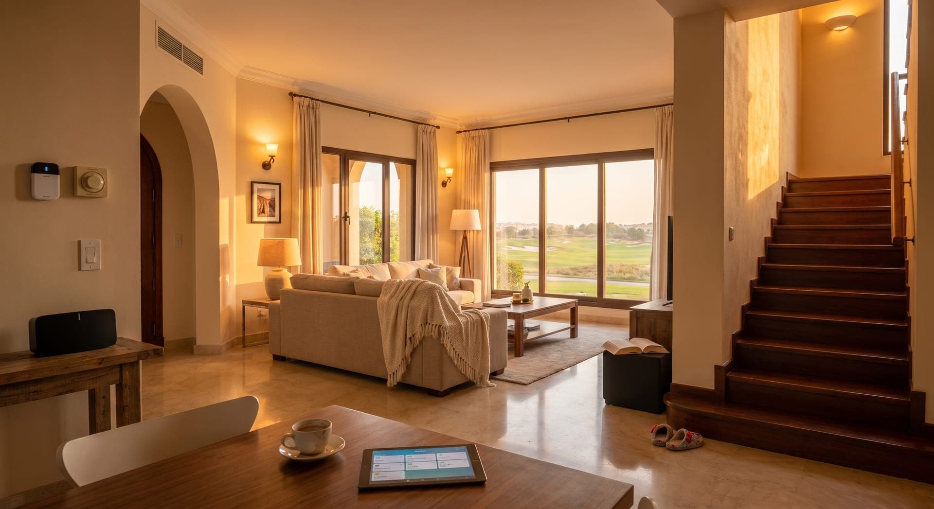 Spanish-Mediterranean Victory Heights villa living room at golden hour with floor-to-ceiling west-facing windows showing the Ernie Els golf course, beige linen sofa with a rumpled throw blanket, a Sensibo Sky smart AC controller on the wall, an iPad on the walnut coffee table showing per-room temperatures, half-finished Arabic coffee, and a child's toy on the rug