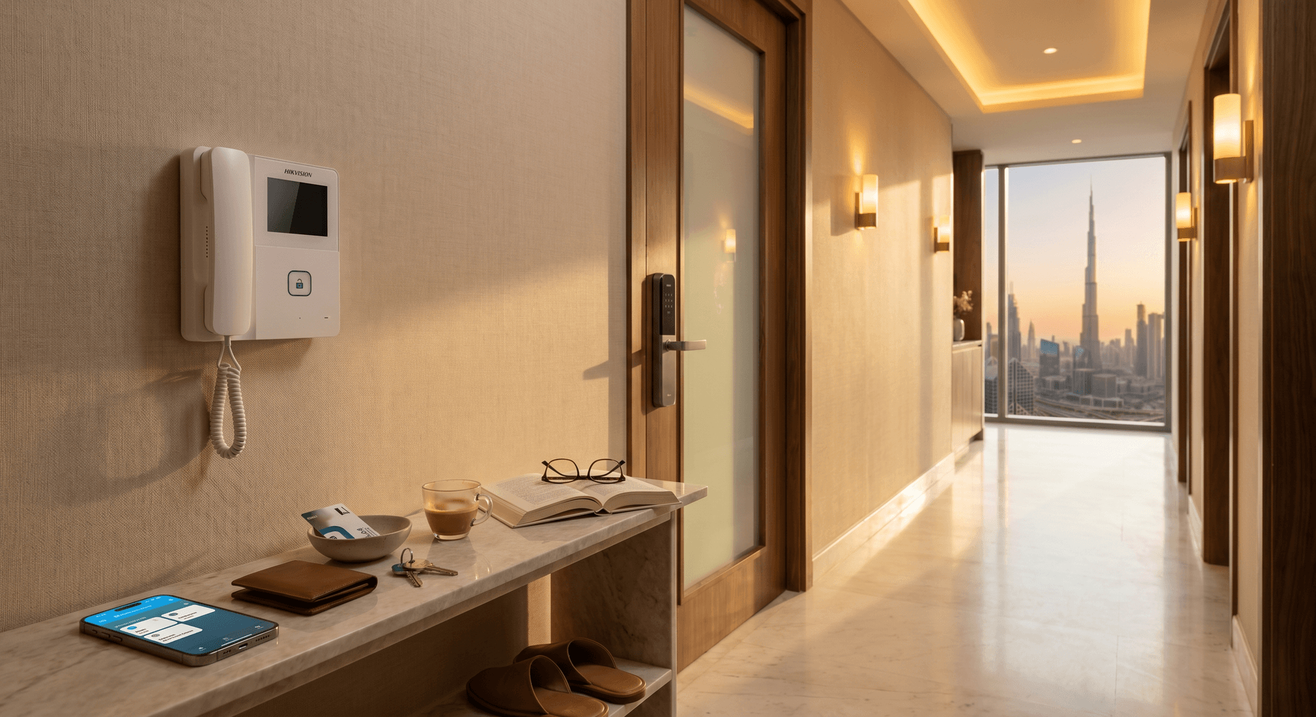 A lived-in Dubai Business Bay apartment hallway at golden hour with a Hikvision wall-mounted intercom handset by the front door, a small Aqara U200 retrofit smart lock on the apartment door, a phone on the marble console showing a smart-home dashboard with a Buzz Lobby button, and a pair of leather slippers under the console
