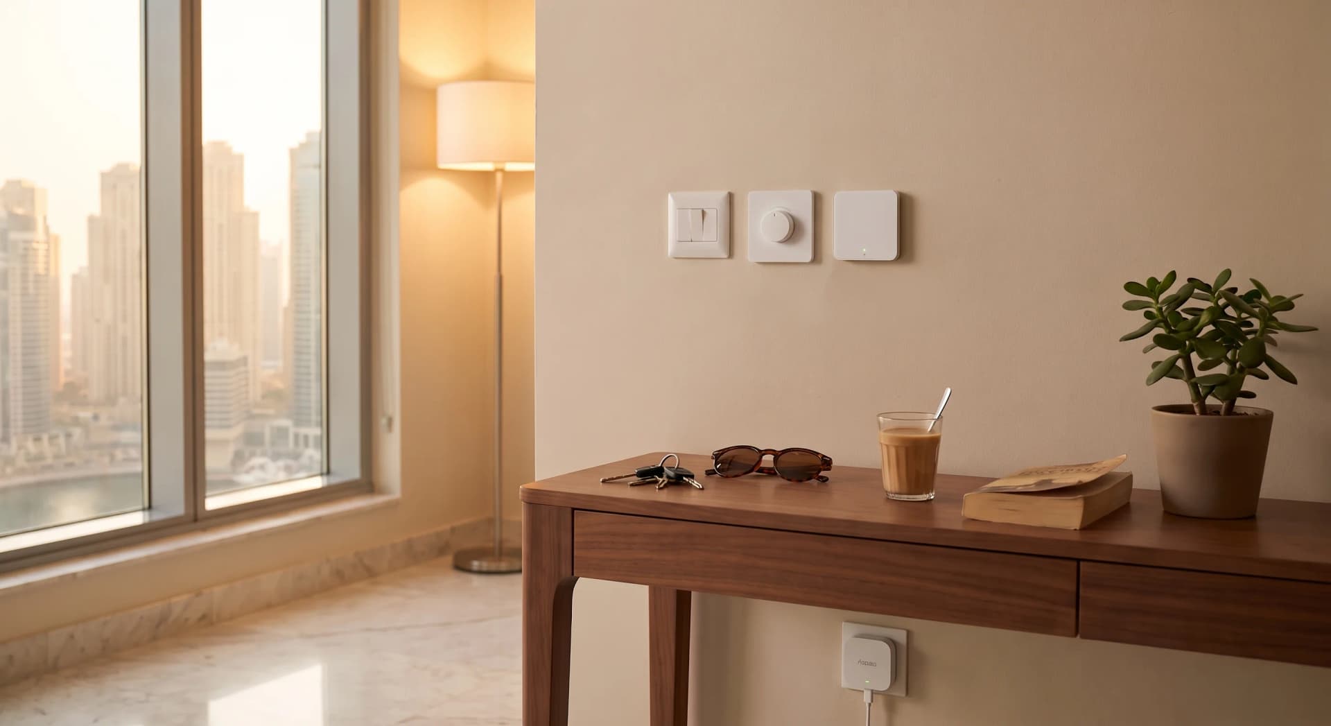A Lutron Caseta Pico remote and an Aqara wireless switch mounted beside an existing wall switch in a Dubai apartment at golden hour, with the Marina skyline through the window