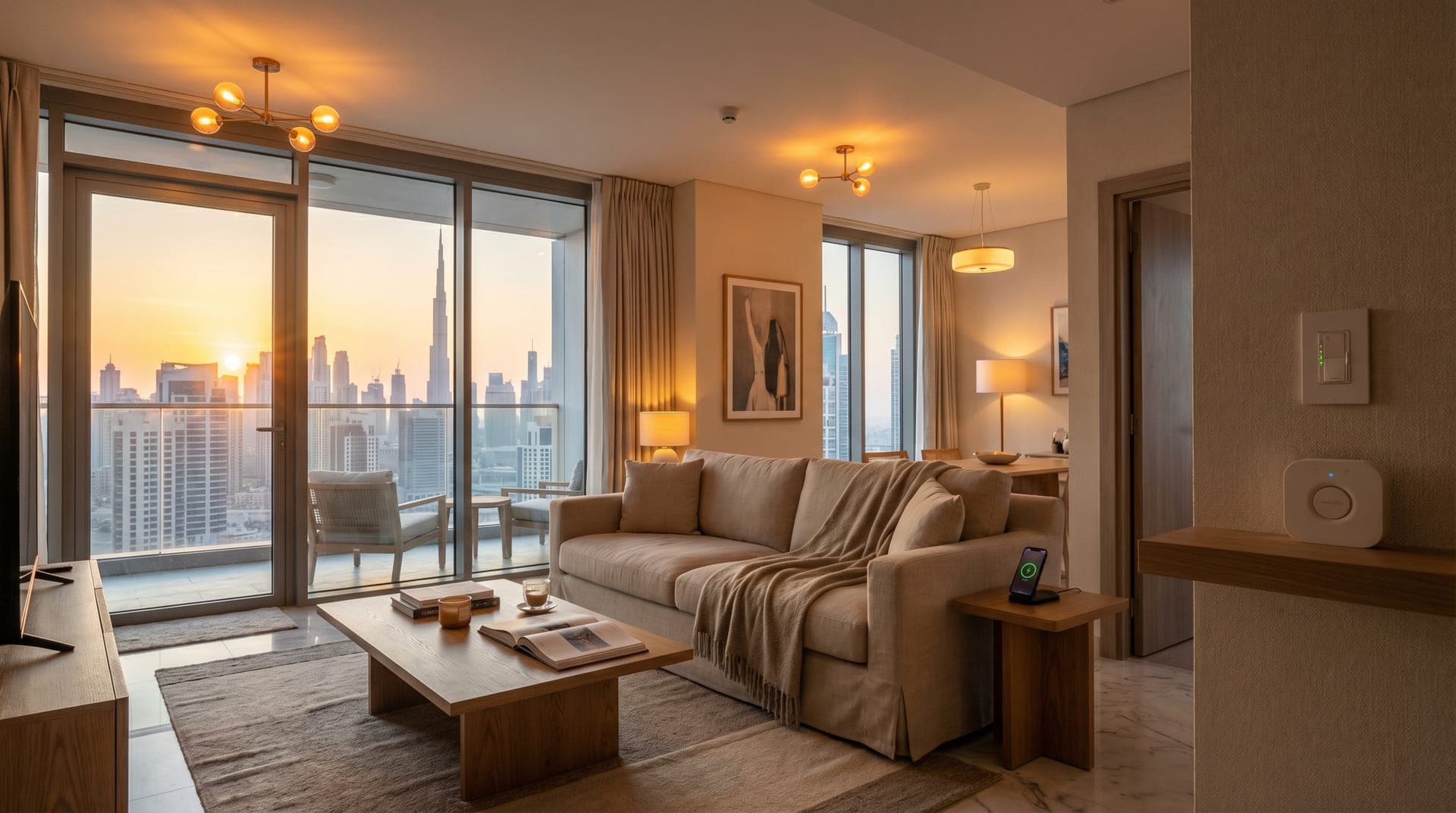Modern Dubai apartment living room at golden hour with warm smart lighting scenes, a Lutron Caseta dimmer on the wall and Marina skyline visible through floor-to-ceiling windows