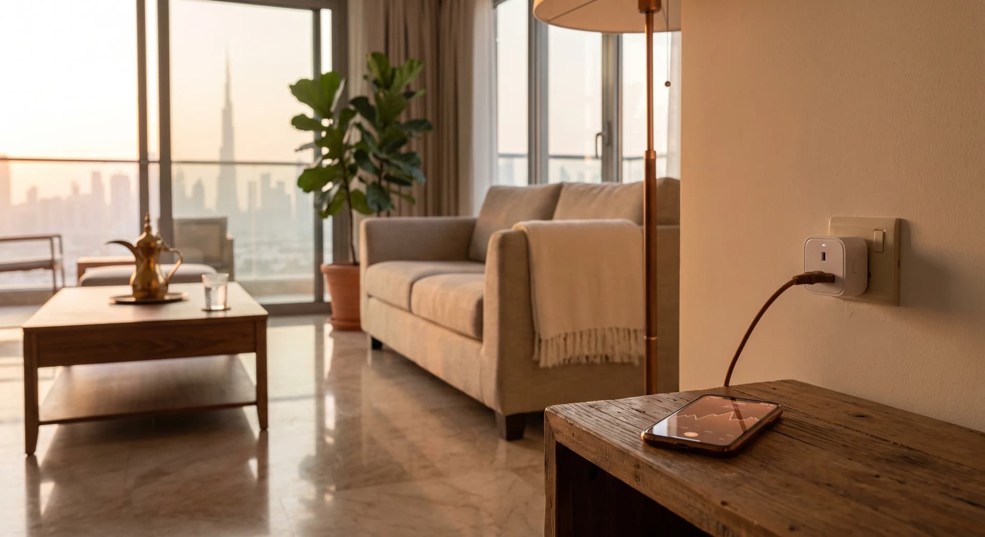 A white UK-style three-pin smart plug in a wall socket in a warm, lived-in Dubai apartment at golden hour, a floor lamp plugged into it glowing warm, a phone on the console showing an energy-usage graph, Dubai skyline through floor-to-ceiling windows.