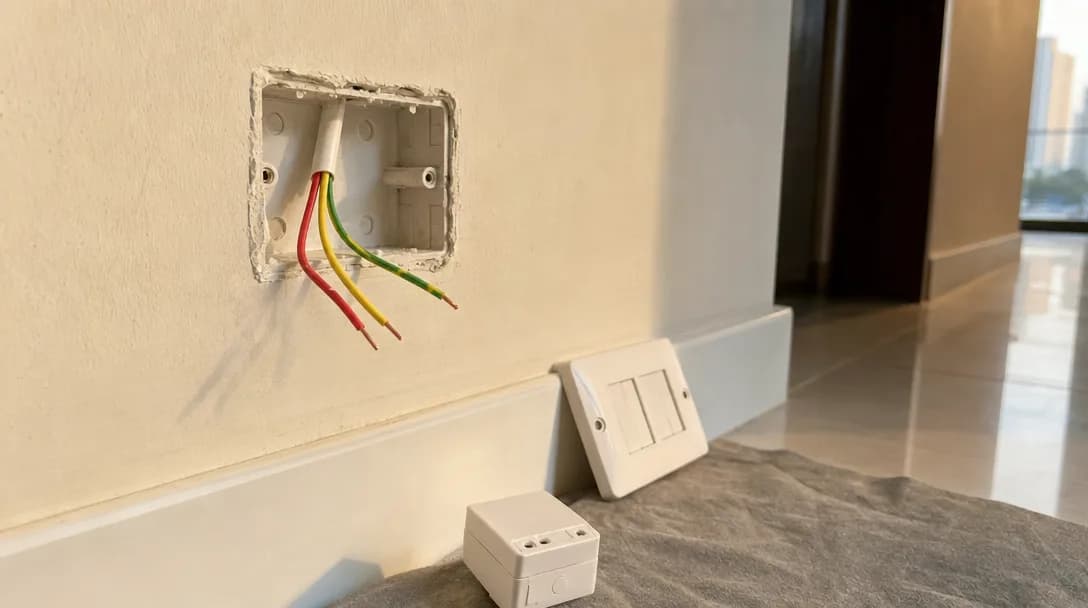 An open light switch box chased into a Dubai apartment wall, three conductors emerging from a conduit inside it, the faceplate propped against the skirting board and a small smart switch module resting on a dust sheet on the floor below