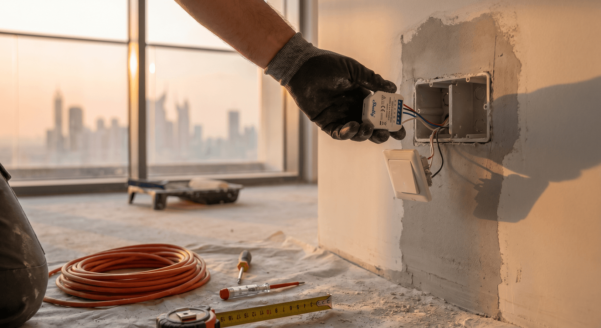 An open electrical wall box in a Dubai apartment during renovation, with a small Shelly relay module being fitted behind the existing light switch, exposed brick and conduit around it, an electrician's hand holding the module