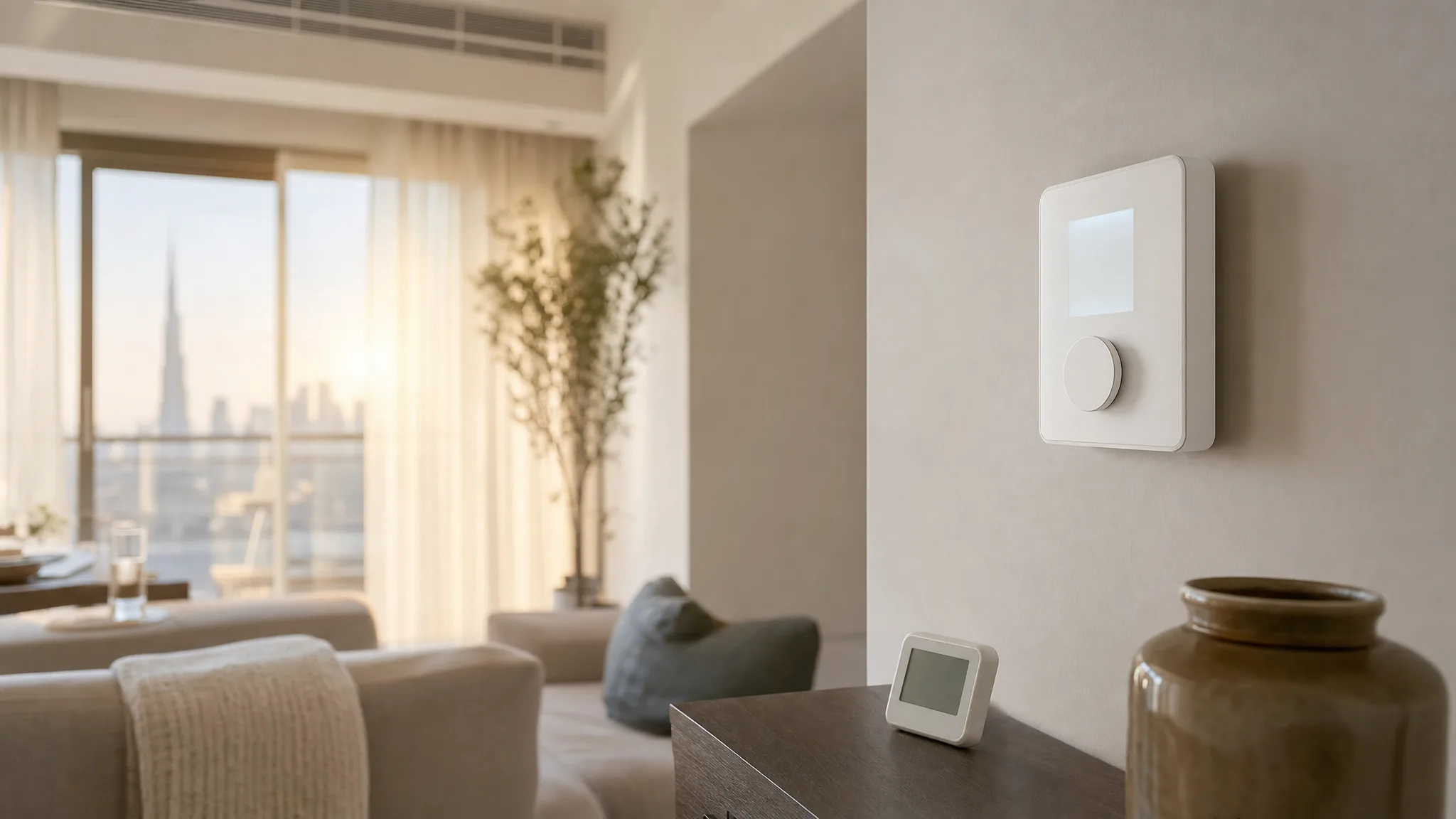 A slim white smart thermostat on a pale wall in a Dubai apartment living room, with a small digital thermometer on a side table beside it and a ceiling AC grille out of focus above