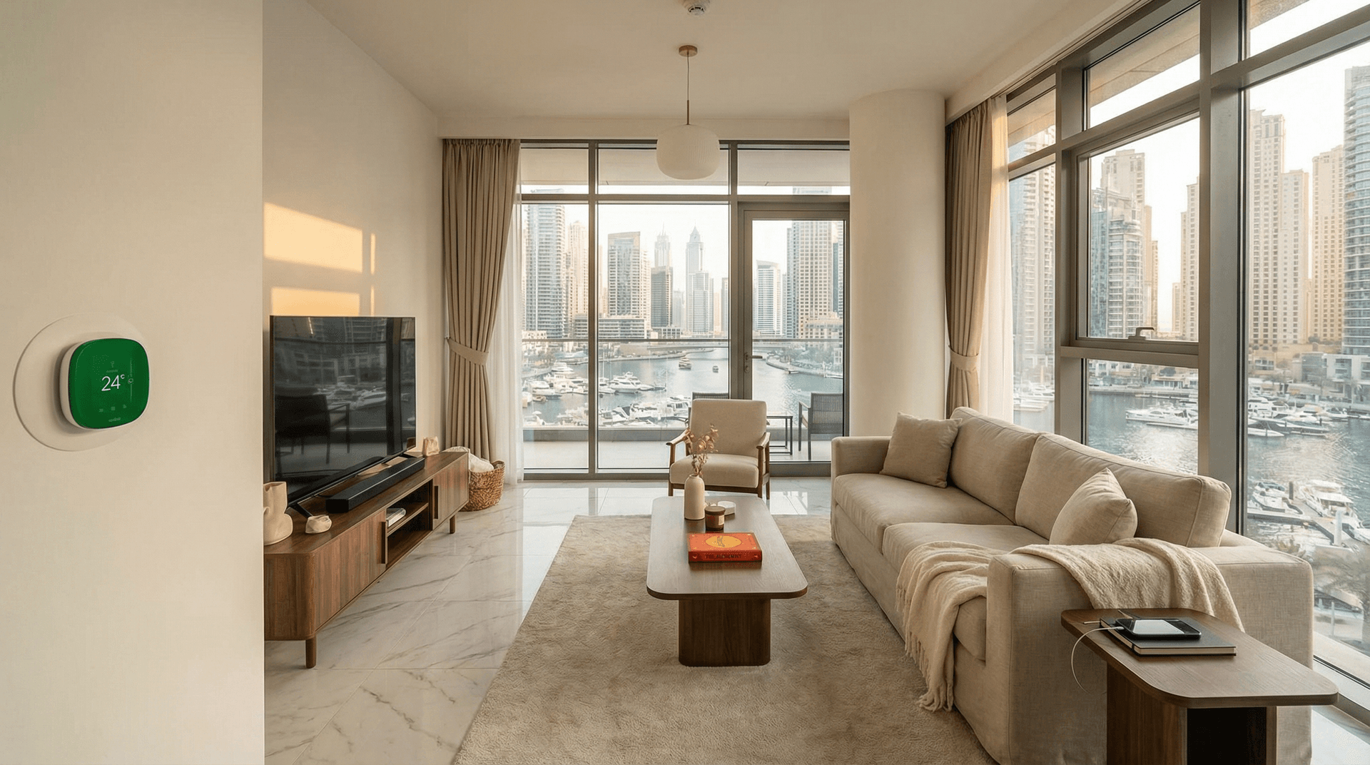 A smart thermostat mounted on a Dubai apartment wall showing 24 degrees, with afternoon light coming through floor-to-ceiling windows and a marina view