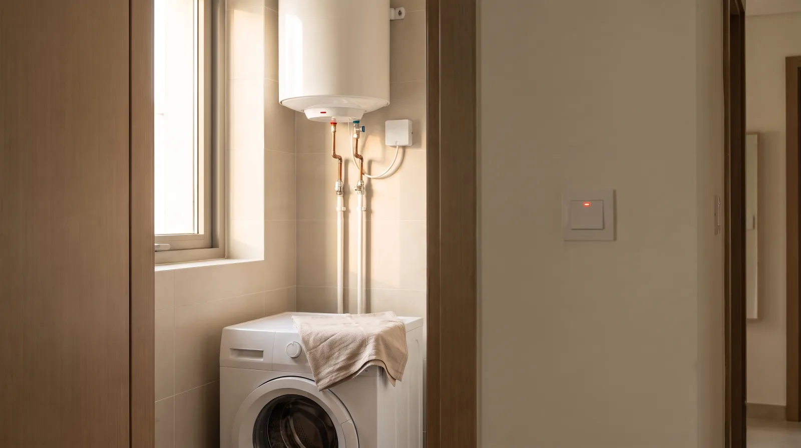 A Dubai apartment laundry cupboard with a white wall-mounted storage water heater above a washing machine, and a wall switch with a small red light on the hallway wall outside