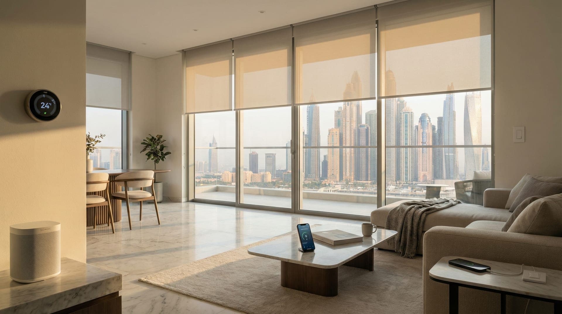 A modern Dubai apartment living room with smart AC controller on the wall, motorized blinds half-closed against afternoon sun, and a phone on the coffee table showing energy monitoring