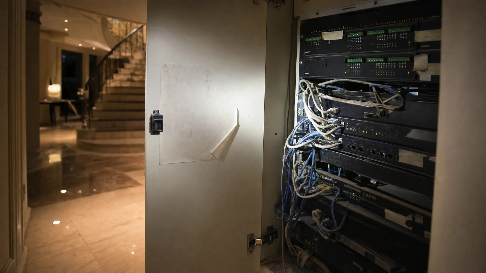 An open smart home equipment cupboard in a Dubai villa hallway at night, a dusty rack of controllers and network switches with tangled blue and white patch cables, a blank sun-faded service sticker curling on the inside of the cupboard door, and a warm lit marble hallway and curved staircase beyond