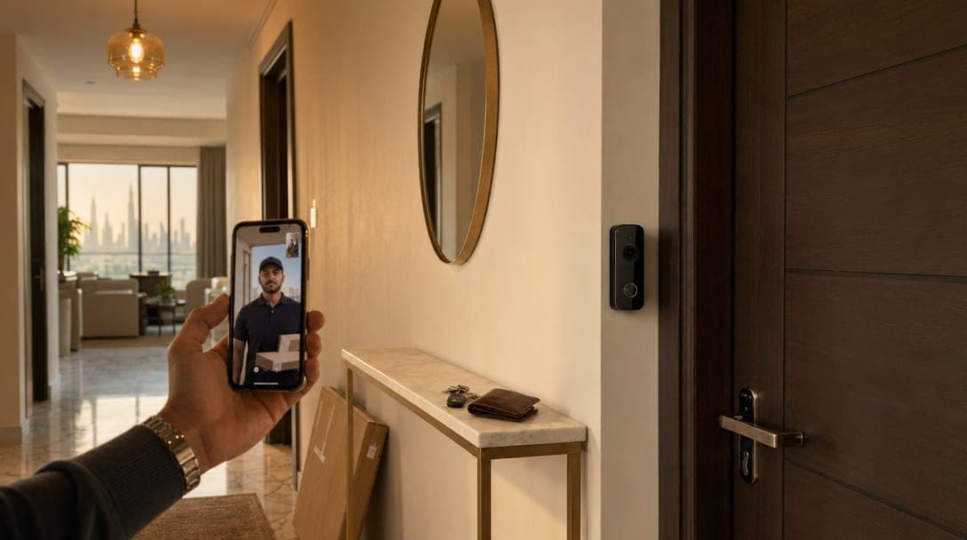 Modern Dubai apartment entrance at golden hour with a sleek video doorbell mounted next to the door, smartphone in hand showing the live video feed of a delivery driver.