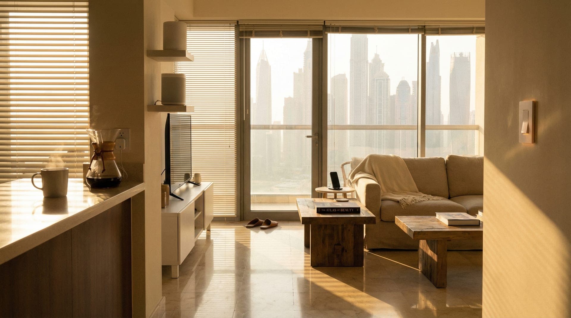Sunlit Dubai apartment living room on a weekend morning with smart blinds partially open and coffee on the counter
