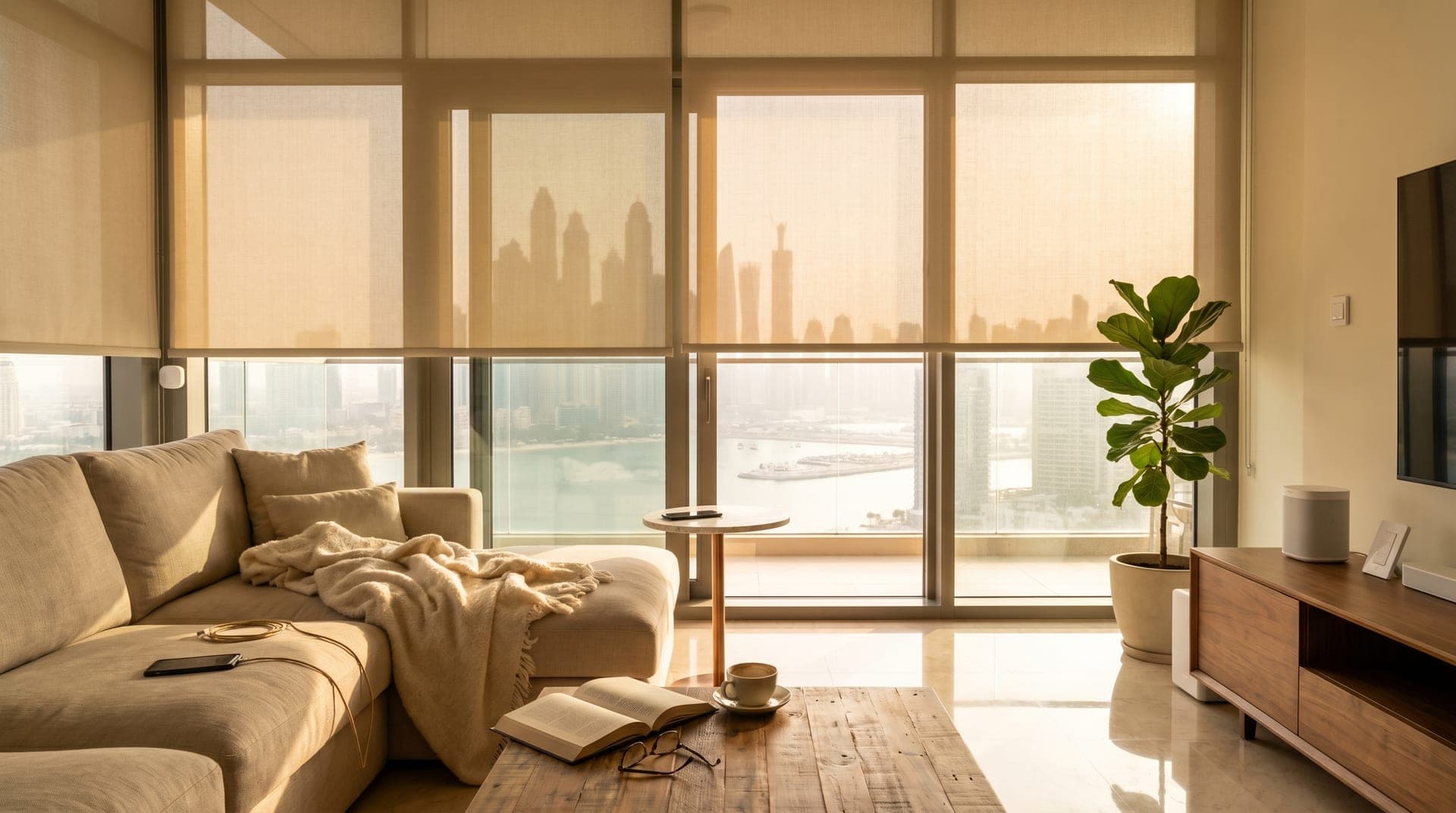 A Dubai apartment living room at 3pm with motorized roller blinds half-closed on west-facing floor-to-ceiling windows, warm afternoon light filtering through