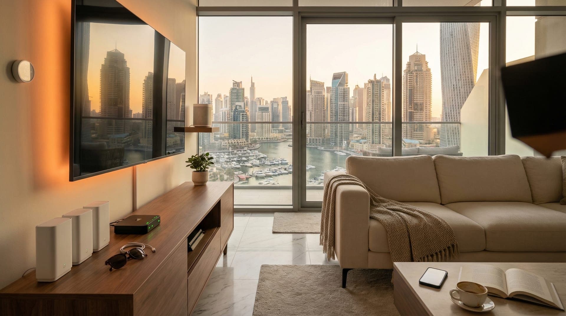 A modern Dubai apartment living room with a WiFi mesh router on a shelf next to smart home devices and floor-to-ceiling windows showing marina views