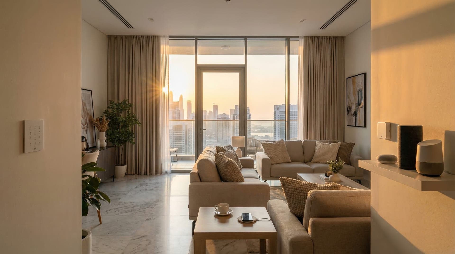 Smart home control panel and wireless sensors in a modern Dubai apartment with city views