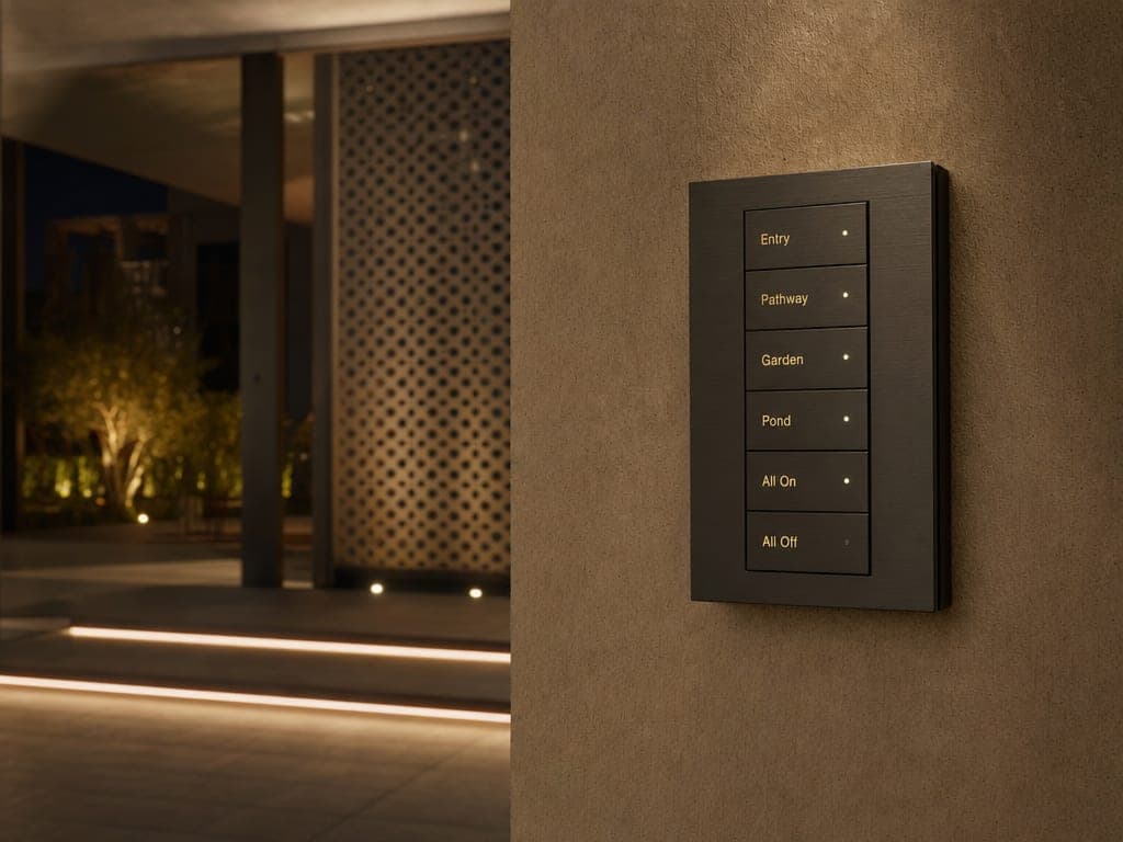 KNX Palladiom-style engraved keypad in matte black brass on the wall of a UAE villa entrance with warm scene lighting active