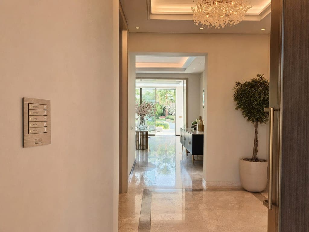 Reem Hills new-build villa entrance hall with KNX engraved keypads on the wall and warm chandelier lighting active