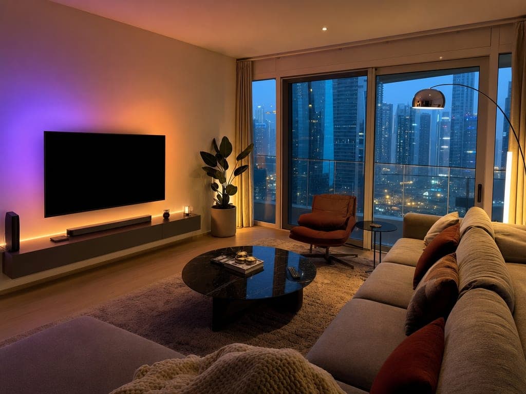 Philips Hue color lighting in a JLT apartment living room with Hue light strips behind the TV and warm scene lighting