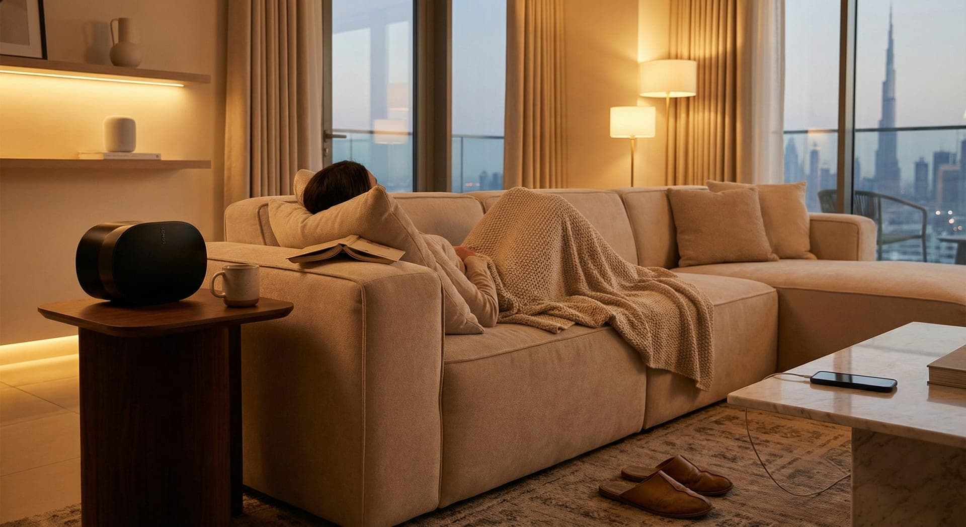 Smart home living room in Dubai Marina with automated lighting