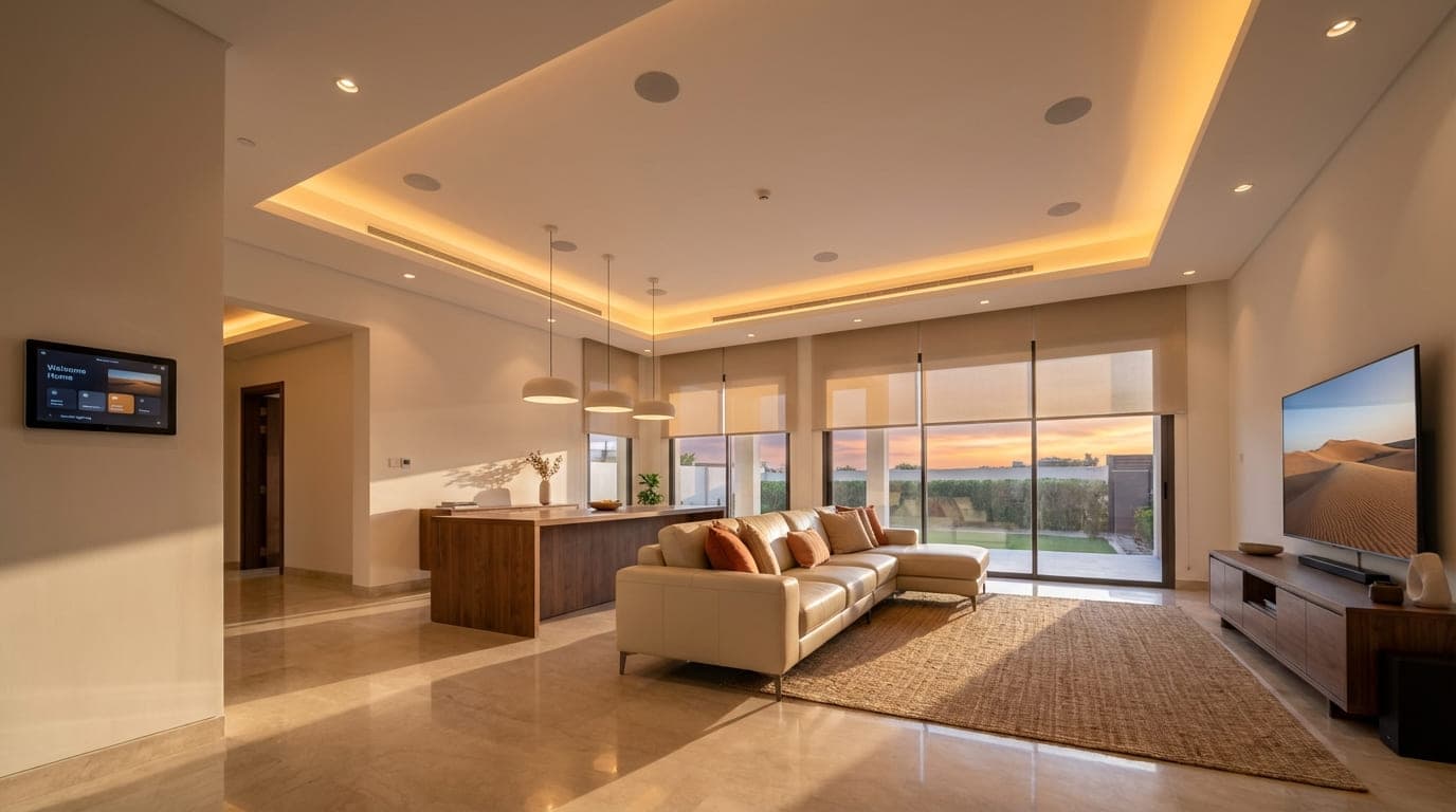 Arabian Ranches villa living room with automated cove lighting and blinds at dusk
