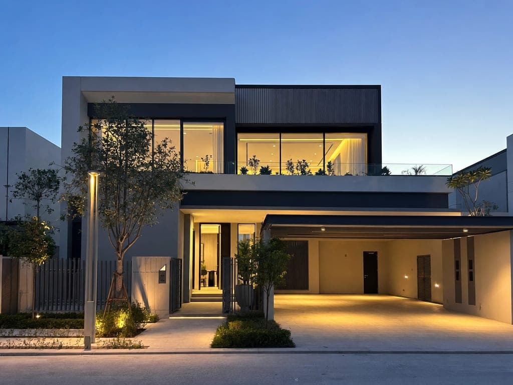 Reem Hills new-build villa exterior at twilight with modern architecture and warm interior glow through floor-to-ceiling glass