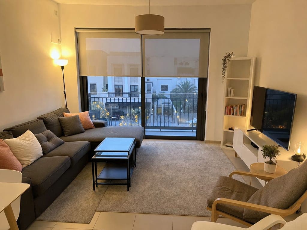 Town Square townhouse living room with IKEA smart blinds half-open and warm scene lighting at evening